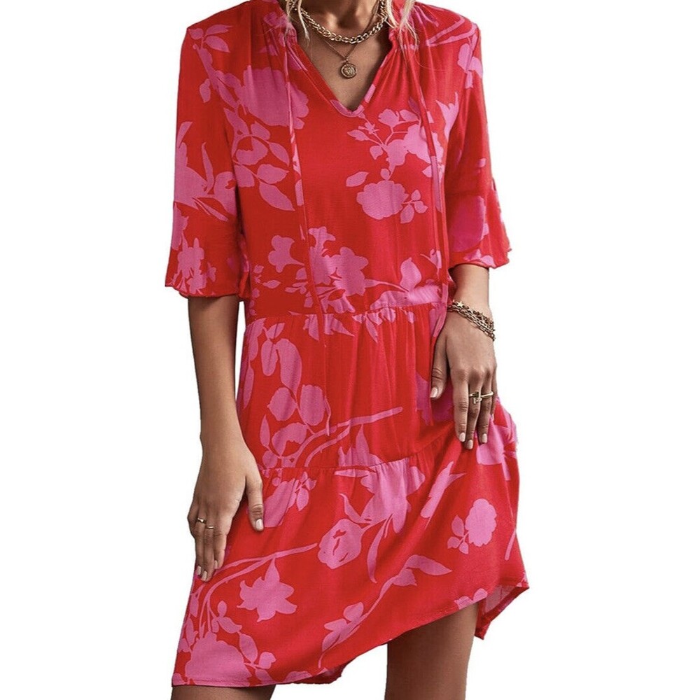 QINCAO Womens Size L ~ Loose Tiered Babydoll Ruffled Sleeve Dress ~ Coral & Pink - Picture 5 of 6